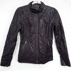 Guess Rich Chocolate Brown Soft Faux Leather Quilted Moto Style Zip Up Jacket XS